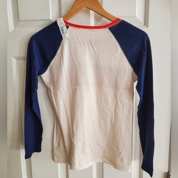 NWT Girls Arizona Jeans Long Sleeve Raglan Retro Striped Ivory Blue Top Size L - Picture 2 of 4